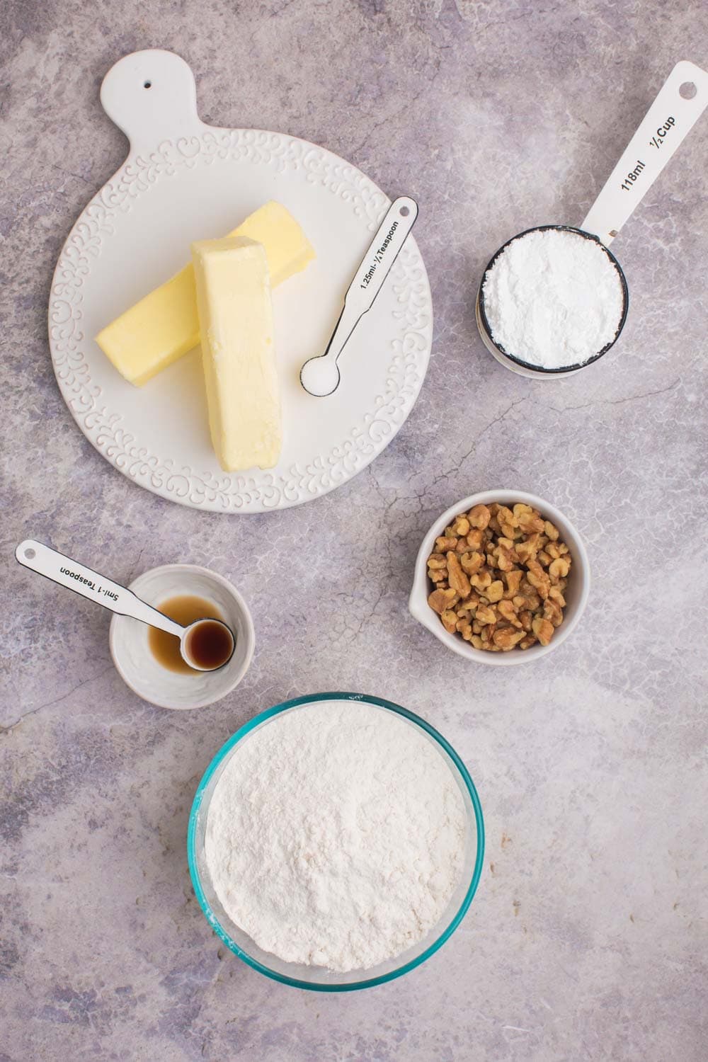 Ingredients used in the gluten free snowball cookies recipe