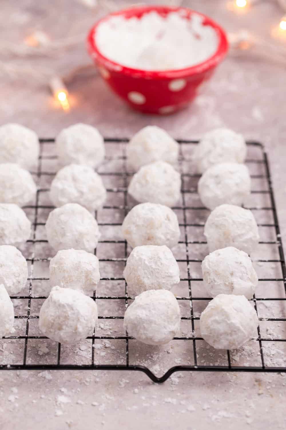 Gluten Free Snowball Cookies on a cooling rack