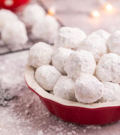 Red bowl of Gluten Free Snowballs