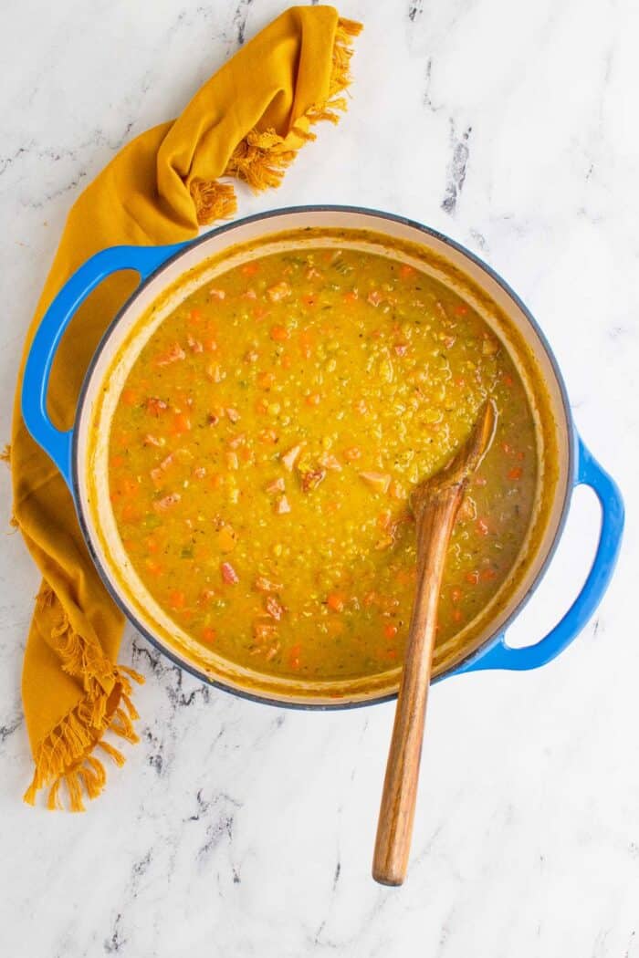 simmered split pea soup in a bowl