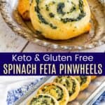 Two spinach feta pinwheels on a plate and more on a serving platter