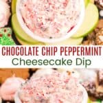 Small bowl of candy cane cheesecake dip from overhead and from the side