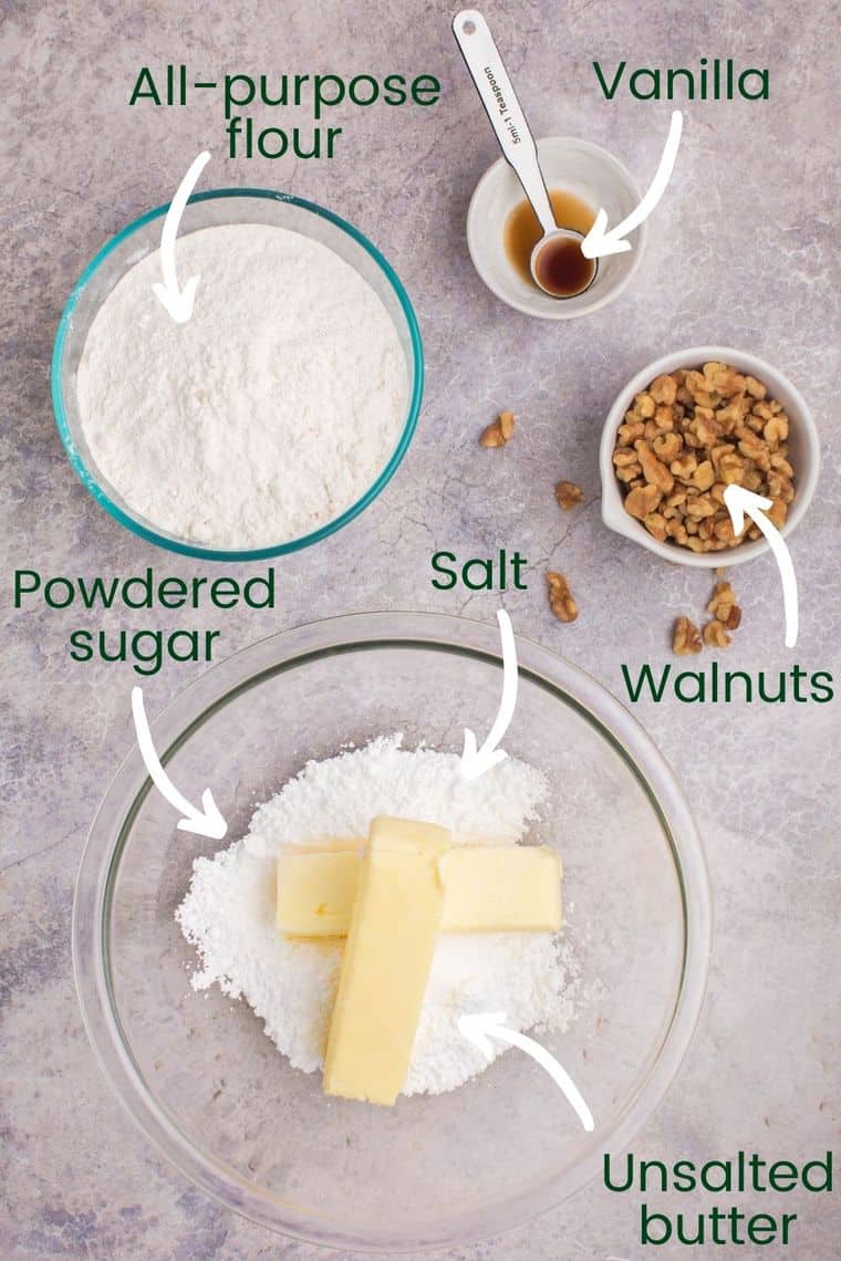 Ingredients to make snowball cookies