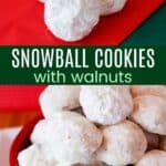 Three snowball cookies on a red napkin and a bunch in a red bowl