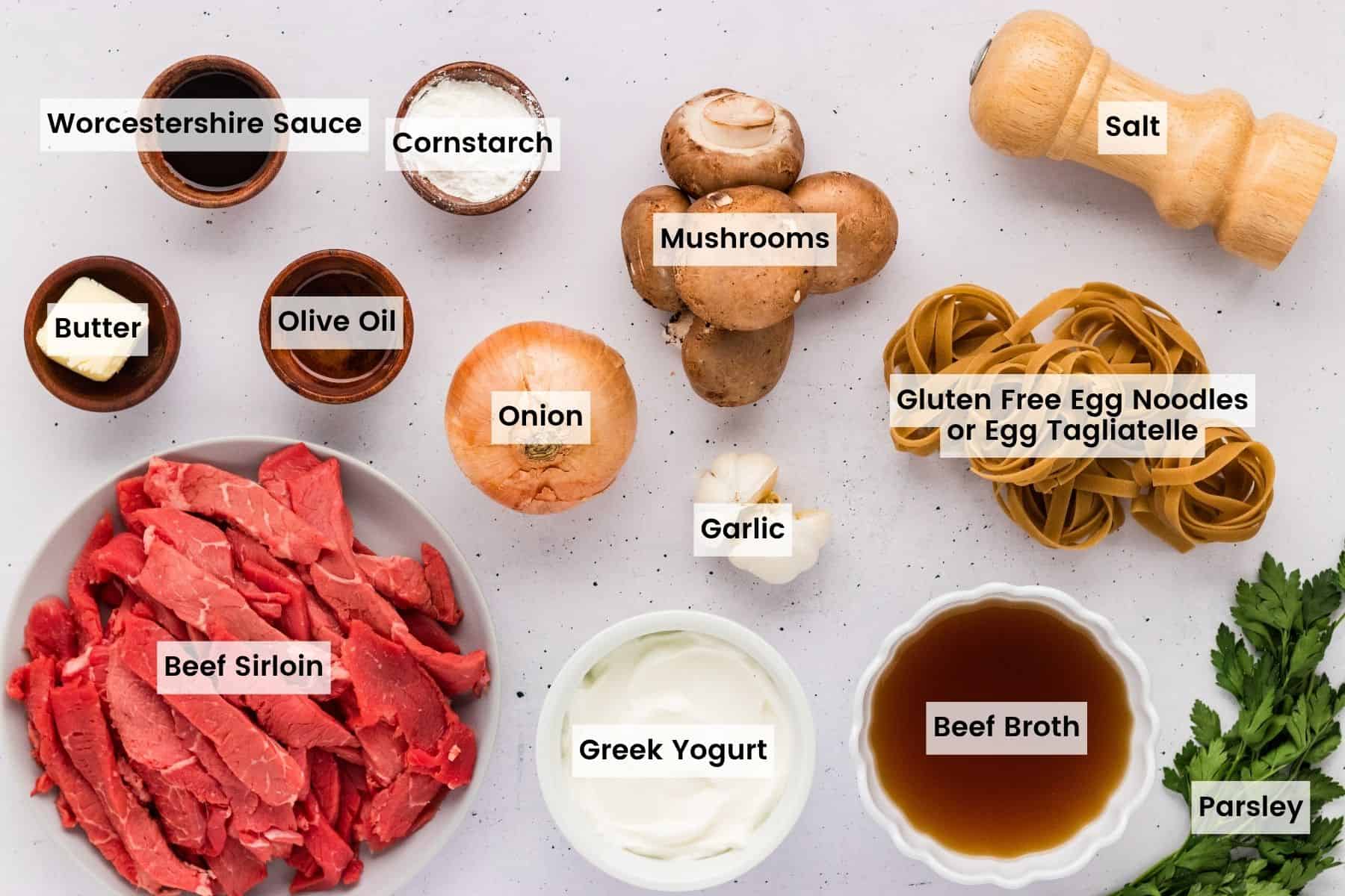 Overhead view of ingredients needed to make beef stroganoff