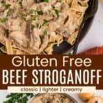 Pinterest graphic with photos of beef stroganoff
