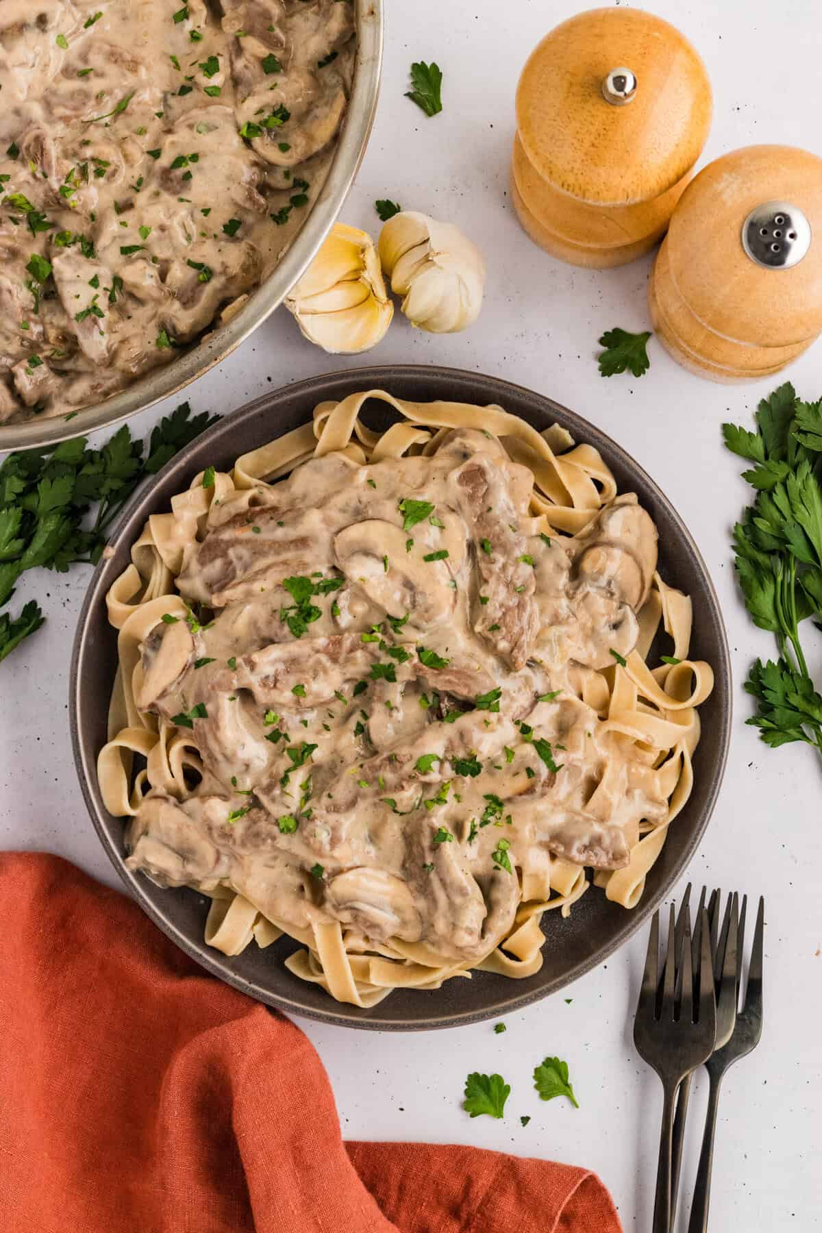 A plate of beef stroganoff over egg noodles