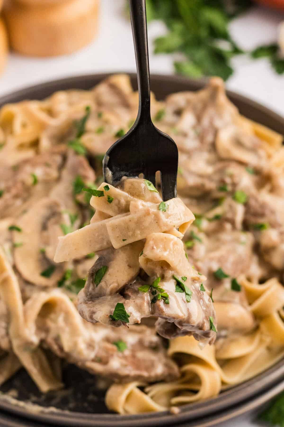 A fork twirling noodles in beef stroganoff