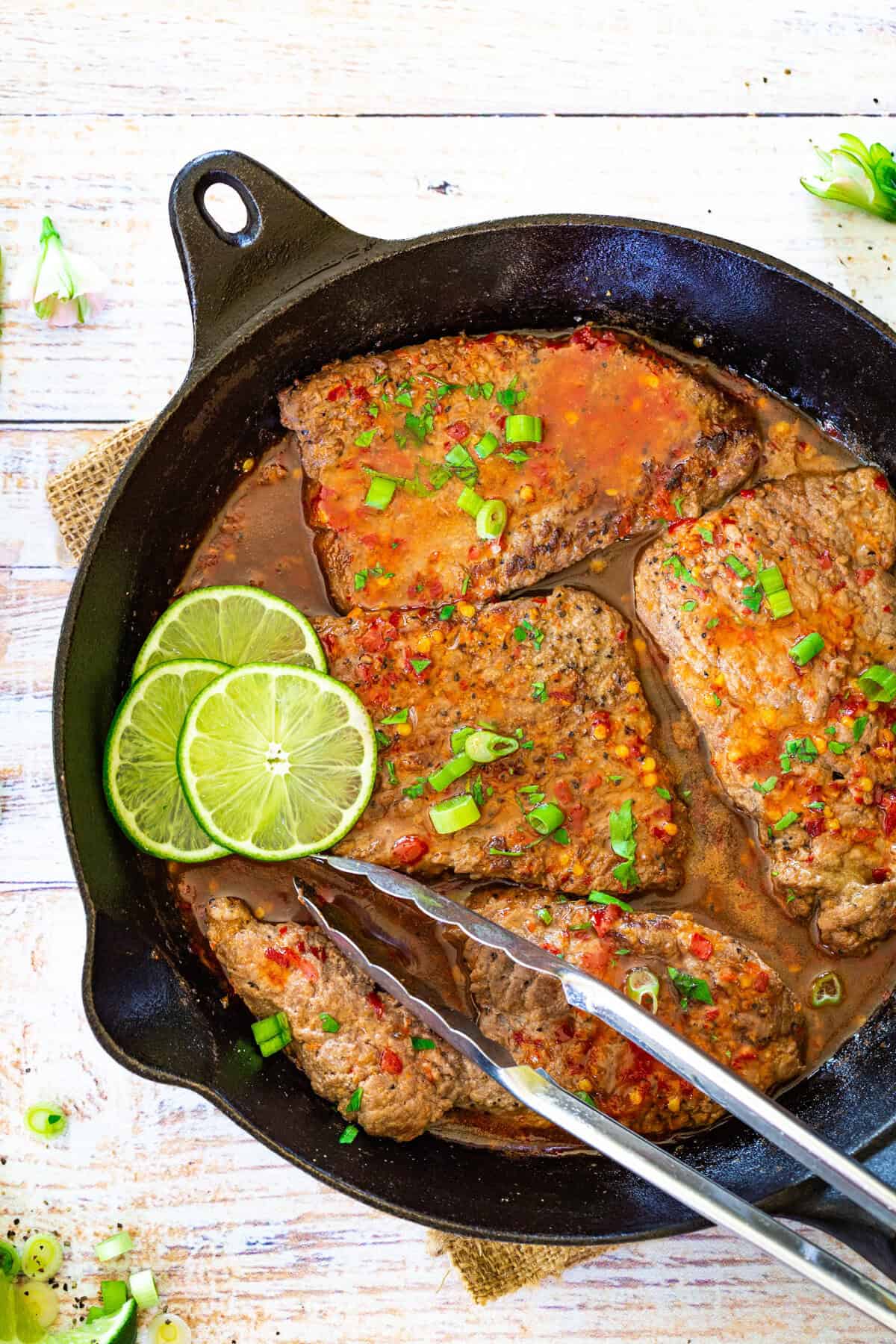 Overhead view of chili lime cube steaks