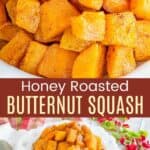 honey roasted butternut squash on a white serving dish and closeup