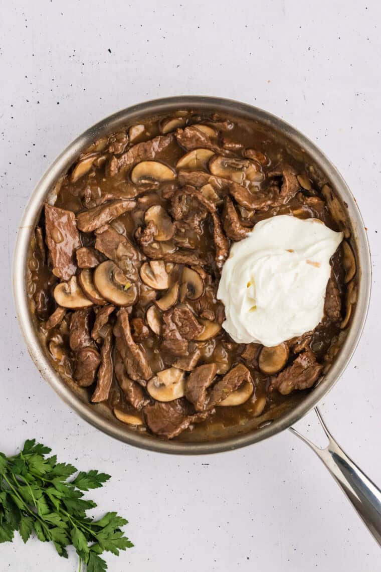 Greek yogurt added to the beef and mushrooms