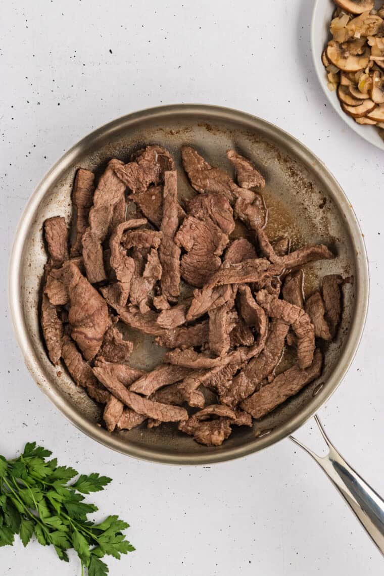 Browned strips of sirloin in a pan