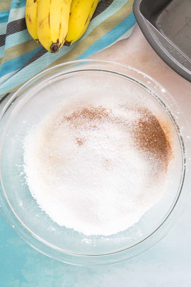 sifted dry ingredients in a glass mixing bowl