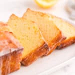 Sliced lemon loaf on a platter