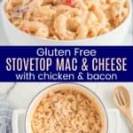 stovetop mac and cheese in a bowl and in a pot