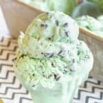 Close up of a dish of no-churn mint chocolate chip ice cream