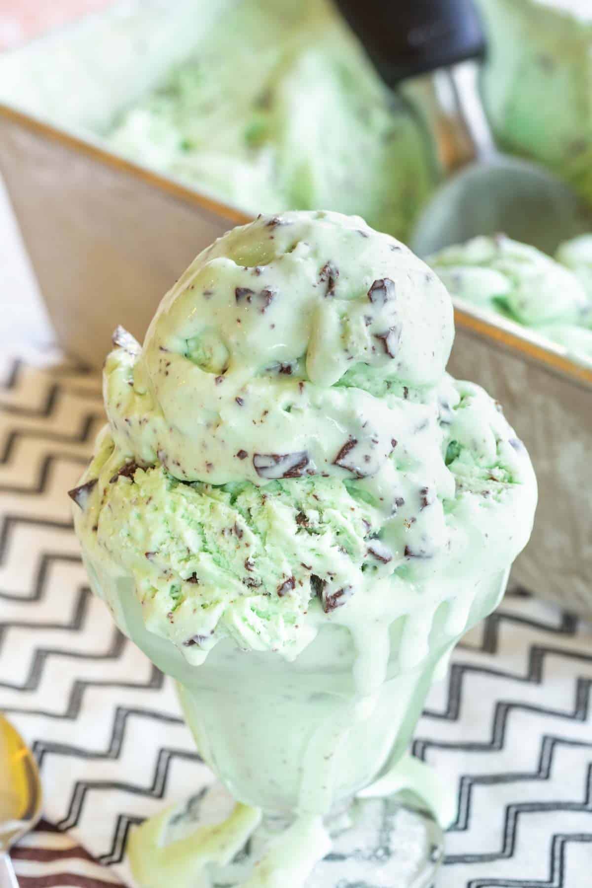Close up of a dish of no-churn mint chocolate chip ice cream