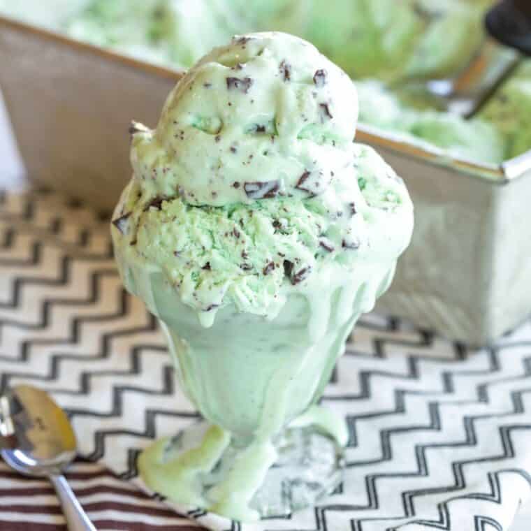 A glass dish of no-churn mint chocolate chip ice cream