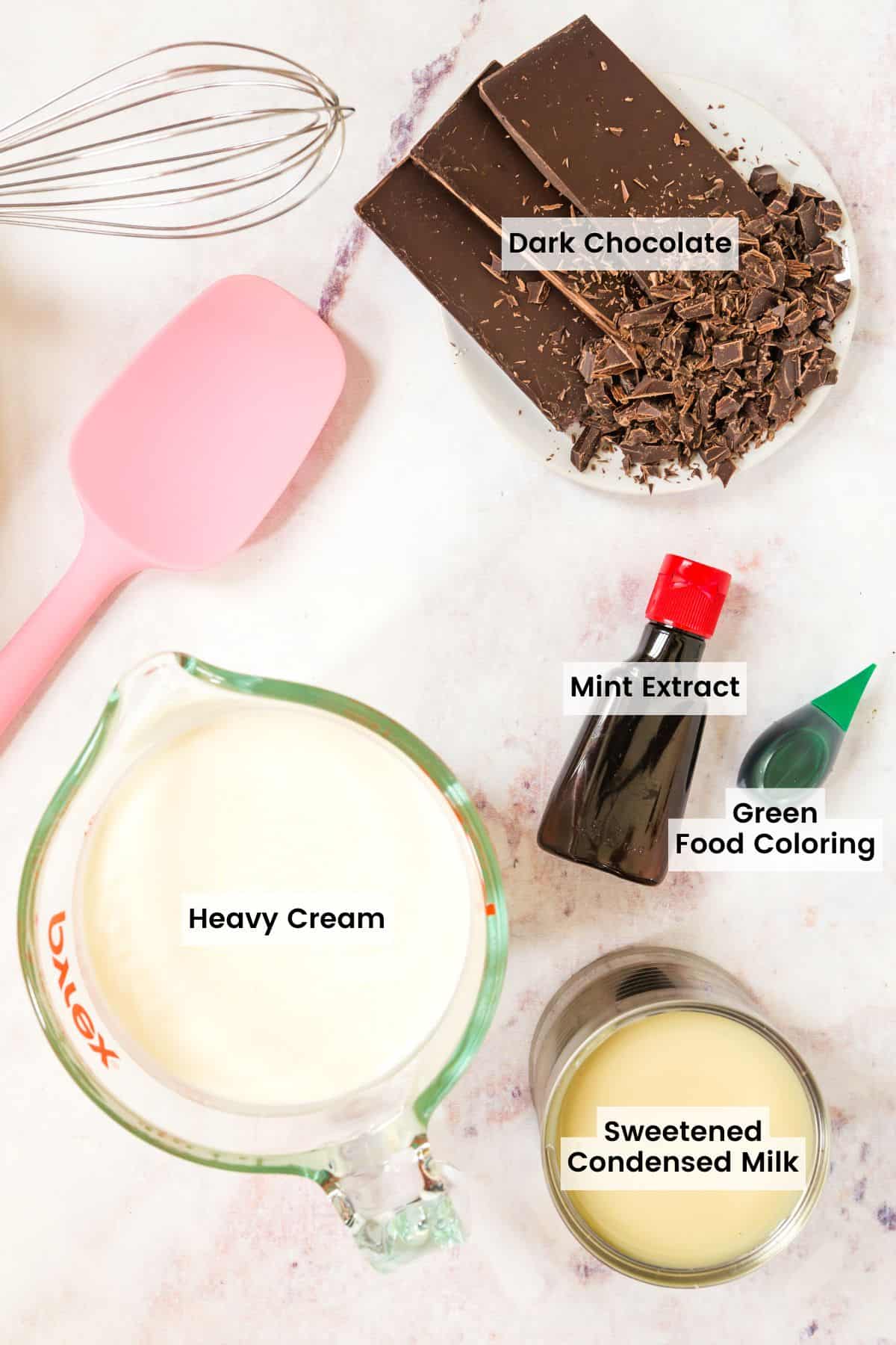 Labeled ingredients needed to make no-churn mint chocolate chip ice cream
