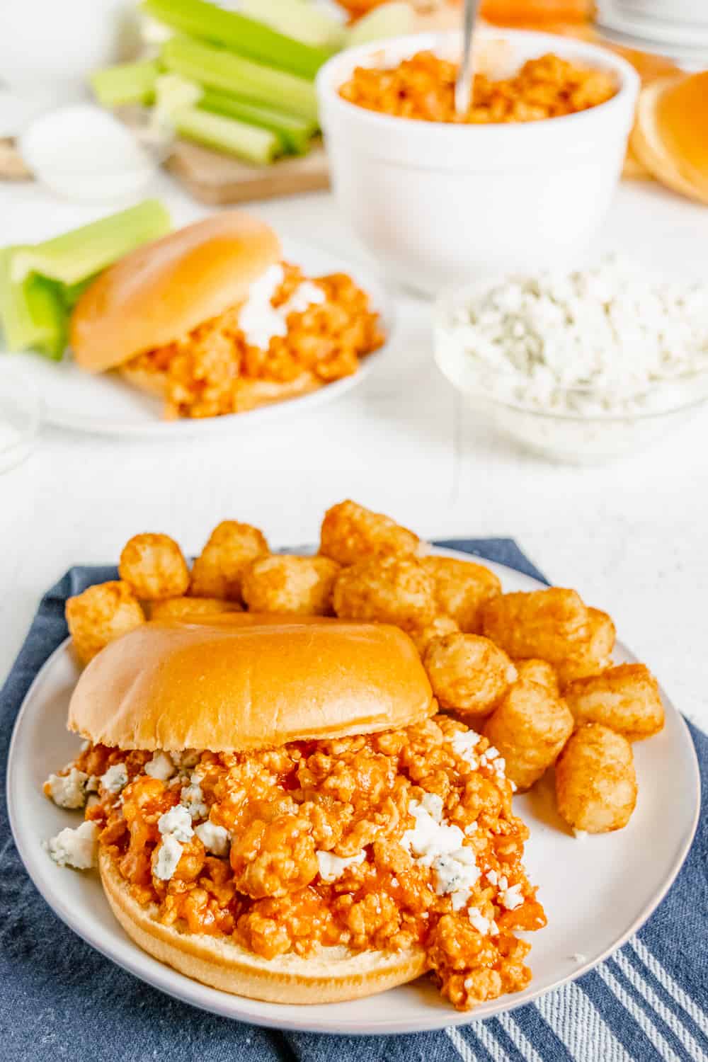 Buffalo chicken on a roll with tater tots on the side.