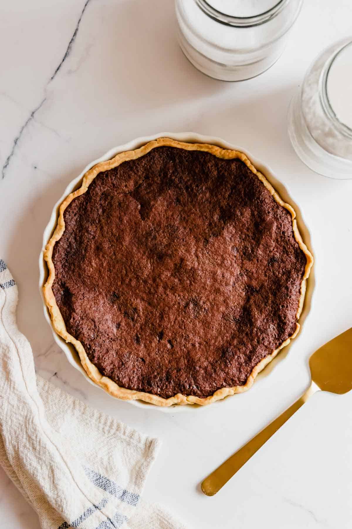 A Bird's Eye View of a Southern Chocolate Pie with Gluten-Free Pie Crust.