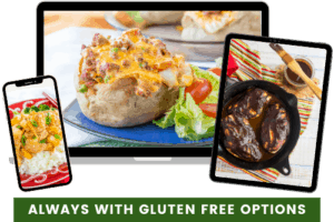 images of teriyaki chicken on a phone, a stuffed baked potato on a computer screen, and barbecue chicken on a tablet.
