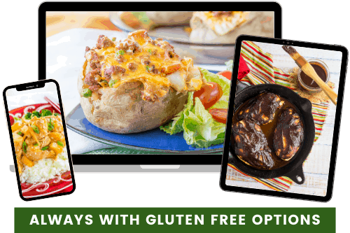 images of teriyaki chicken on a phone, a stuffed baked potato on a computer screen, and barbecue chicken on a tablet.