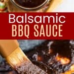top of a jar of balsamic barbecue sauce and the sauce being brushed onto chicken