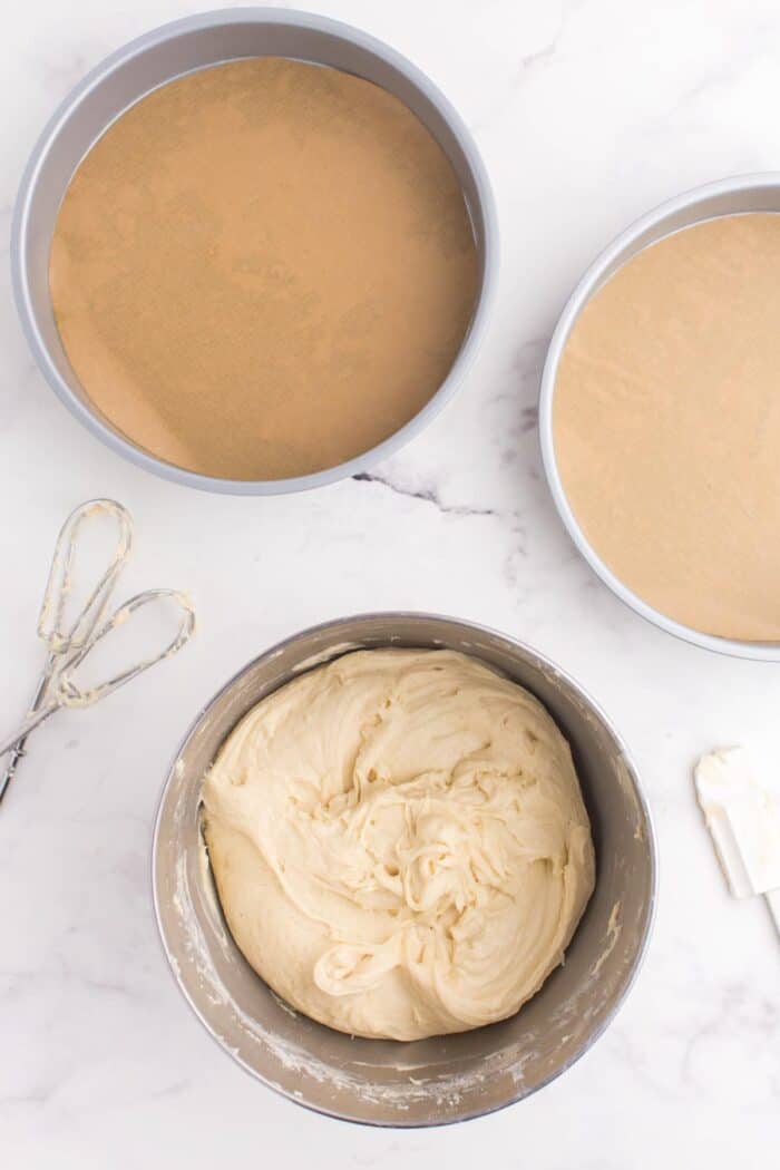 final thick cake batter in a mixing bowl