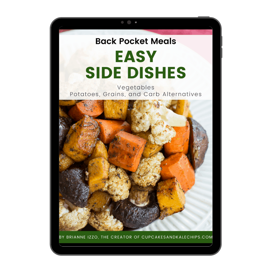 Ebook cover on a table screen showing roasted vegetables with text "Easy Side Dishes".