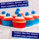 cupcakes with red, white, and blue frosting on a cake stand
