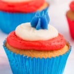 one cupcake in a blue foil liner with red, white, and blue frosting
