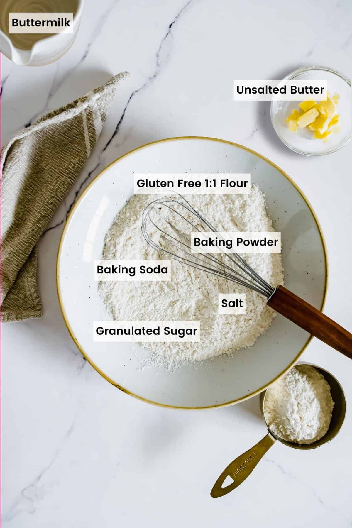 Overhead view of labeled ingredients to make gluten free biscuits