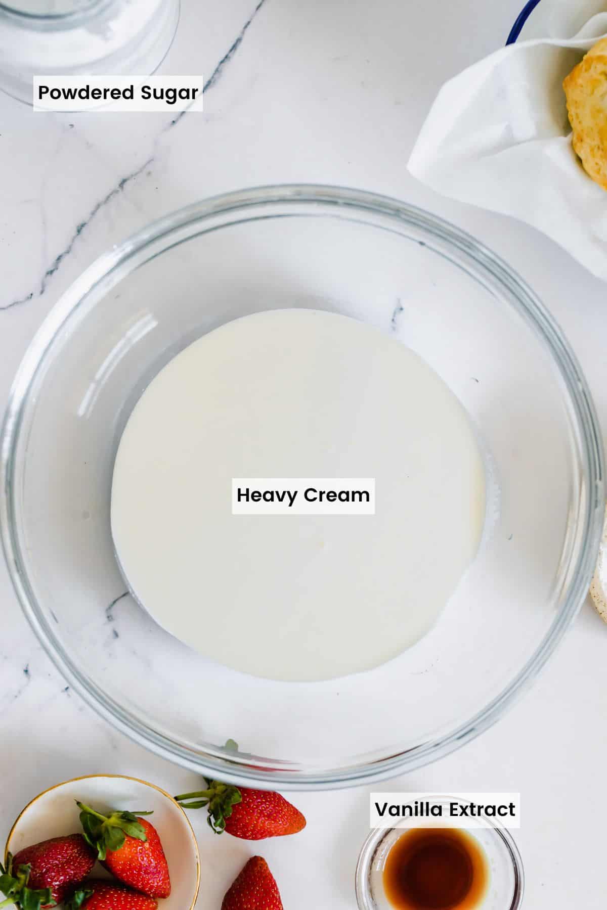 Overhead view of ingredients needed to make whipped cream