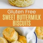 one fluffy gluten free biscuit with more in a parchment-lined bowl