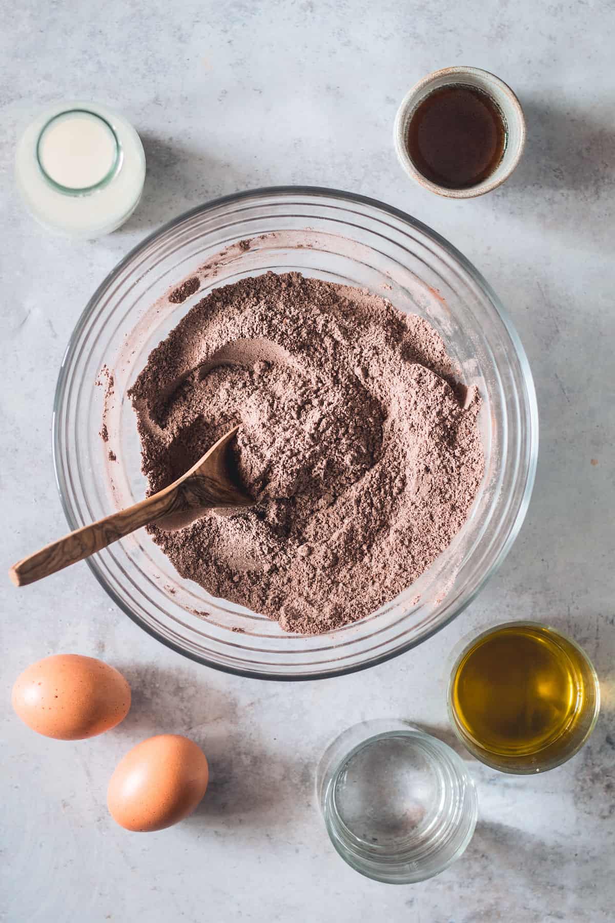 The Combined Dry Ingredients for Gluten Free Chocolate Cupcakes in a Glass Bowl