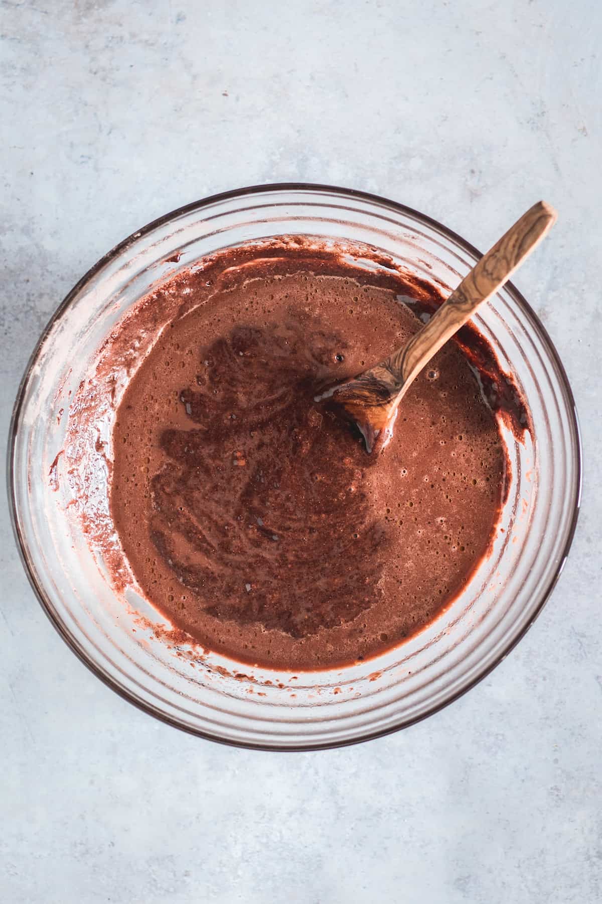 Gluten Free Chocolate Cupcake Batter in a Bowl Right After the Boiling Water Has Been Added