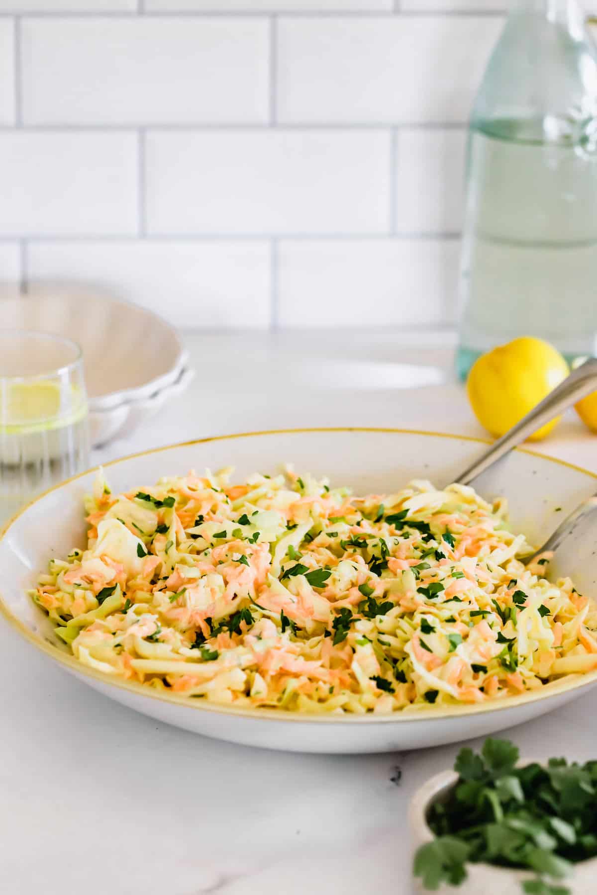 A Plate of Coleslaw on the Counter with a Bottle of Water Behind It