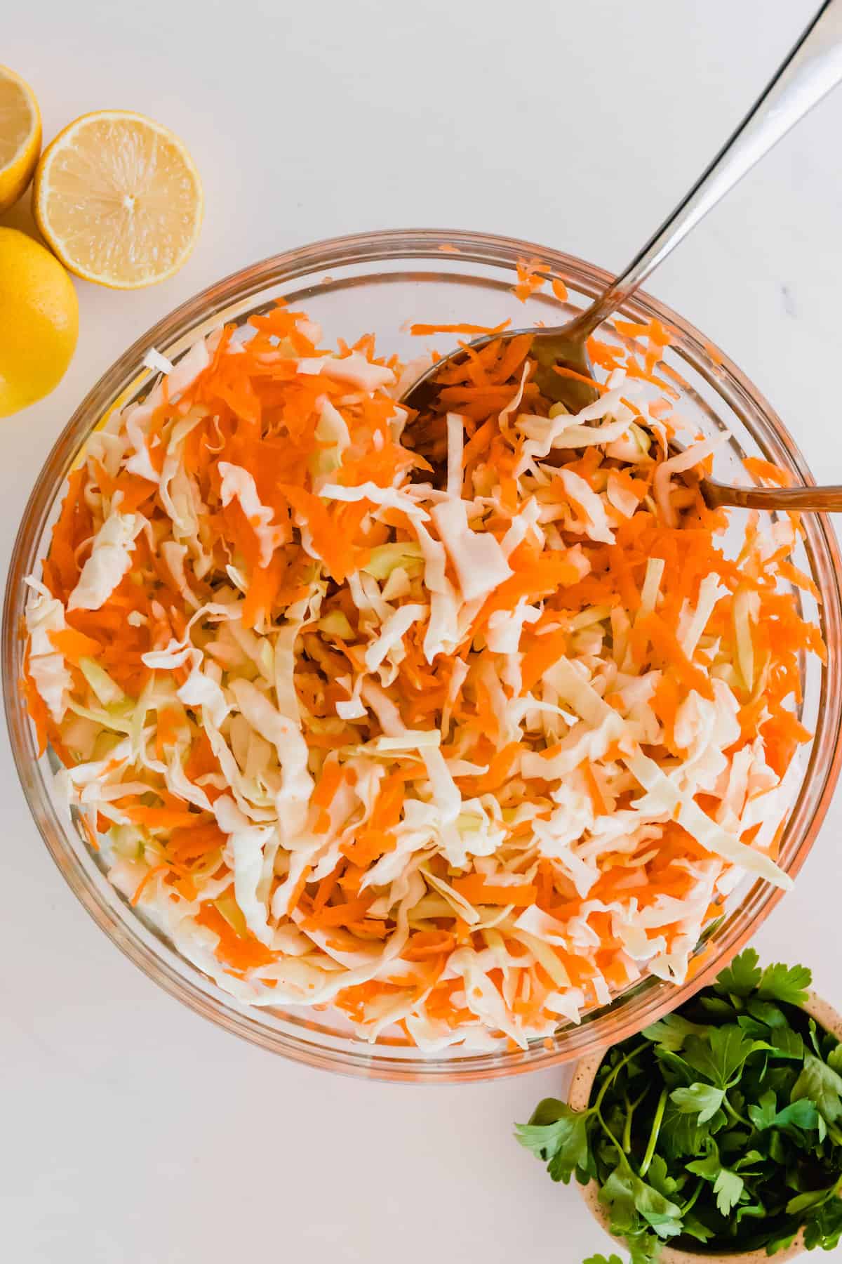 The Combined Veggie Mixture for Homemade Coleslaw in a Bowl