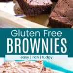 A spatula lifting a brownie out of the pan and a pile of brownies on a plate divided by a turquoise box with text overlay that says "Gluten Free Brownies" and the words easy, rich, and fudgy.