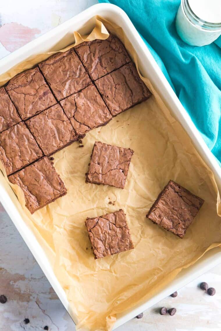 13 by 9 inch baking pan with some of the brownies left in it