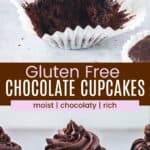 A frosted chocolate cupcake with a bite taken out and three lined up in a row divided by a brown box with text overlay that says "Gluten Free Chocolate Cupcakes" and the words moist, chocolaty, and rich