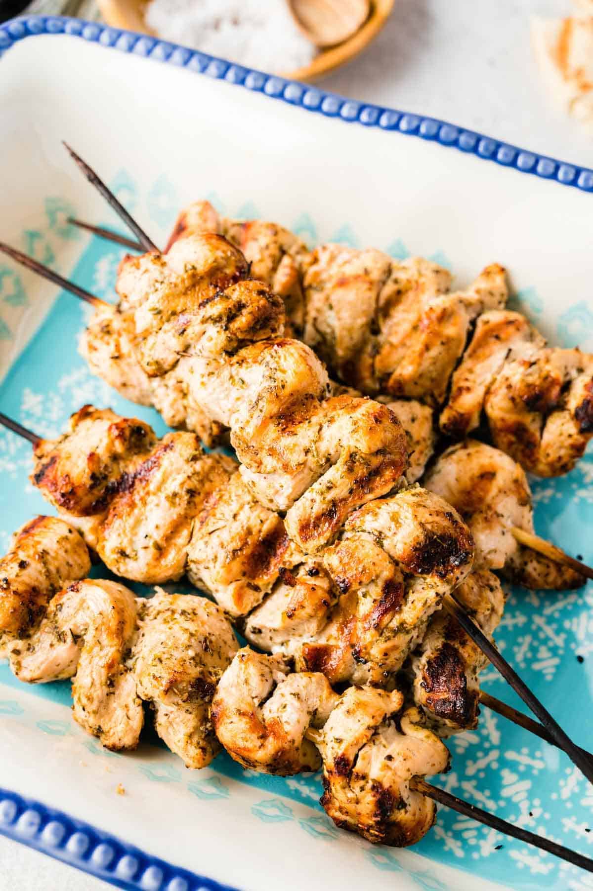 A Close-Up Shot of Grilled Chicken Souvlaki in a Pan