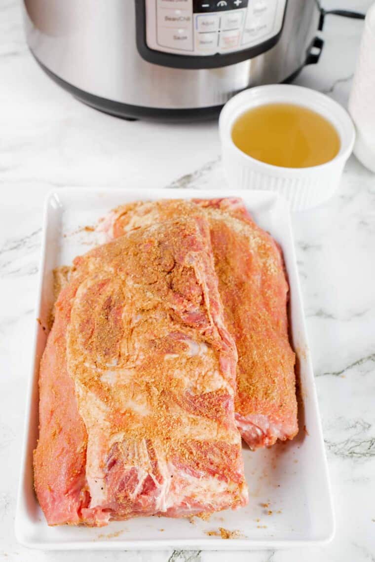 Pork Ribs Rubbed with Seasoning in a Shallow Dish on a Countertop