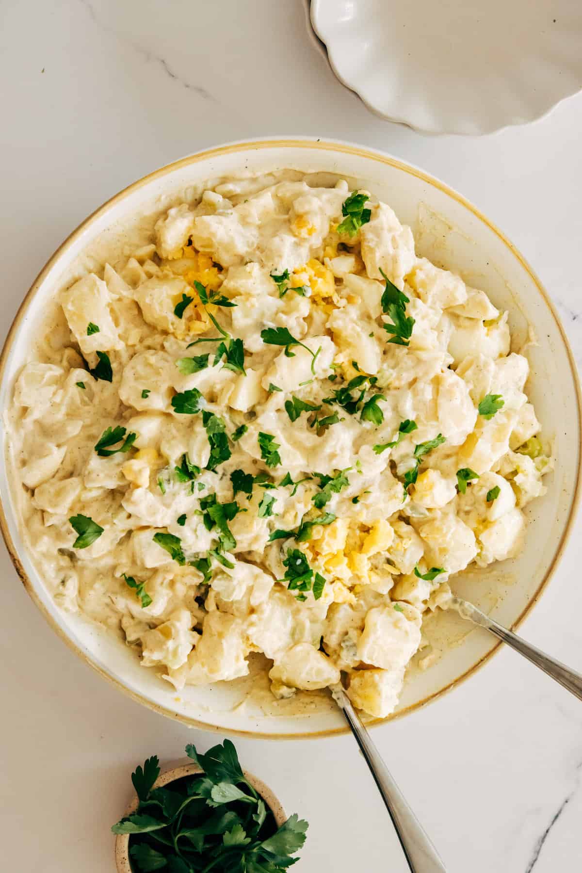 The Bird's-Eye View of a Plate of Potato Salad with Two Forks Digging in