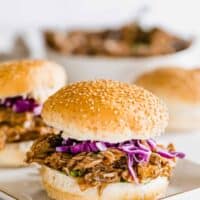 A Pulled Pork Sandwich with Onions on a White Serving Platter
