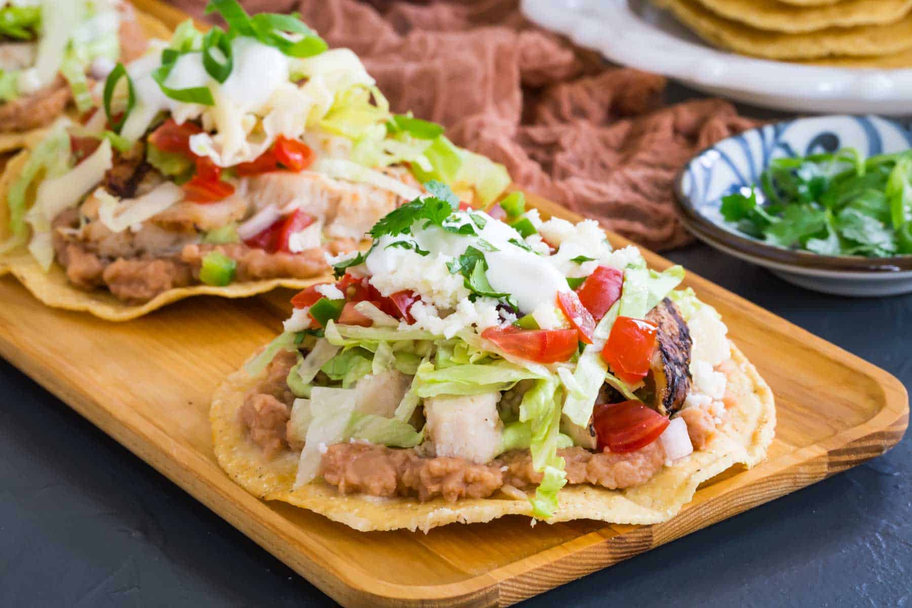 chicken tostadas on a serving platter.