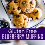 blueberry muffins in a bowl and three lined up on a tabletop