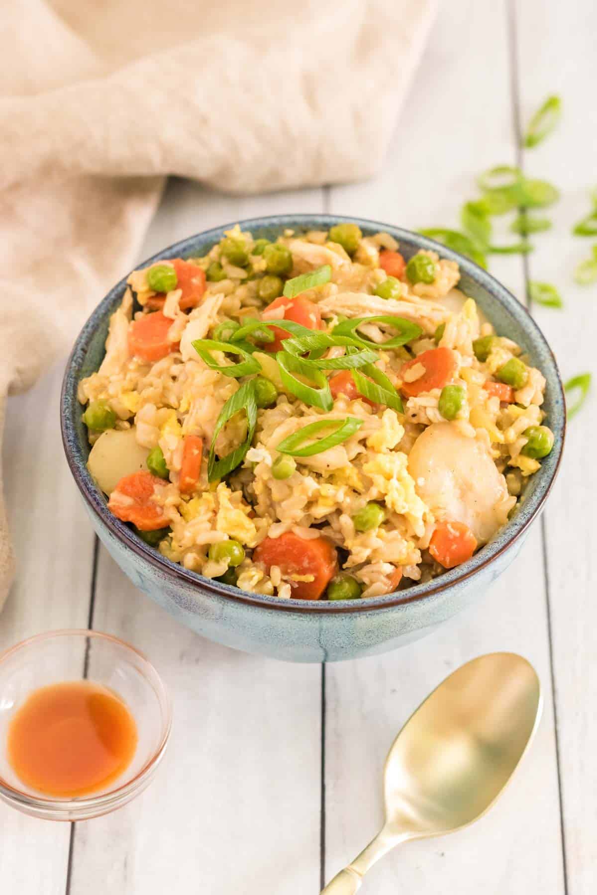 blue bowl of chicken and brown rice with eggs and vegetables