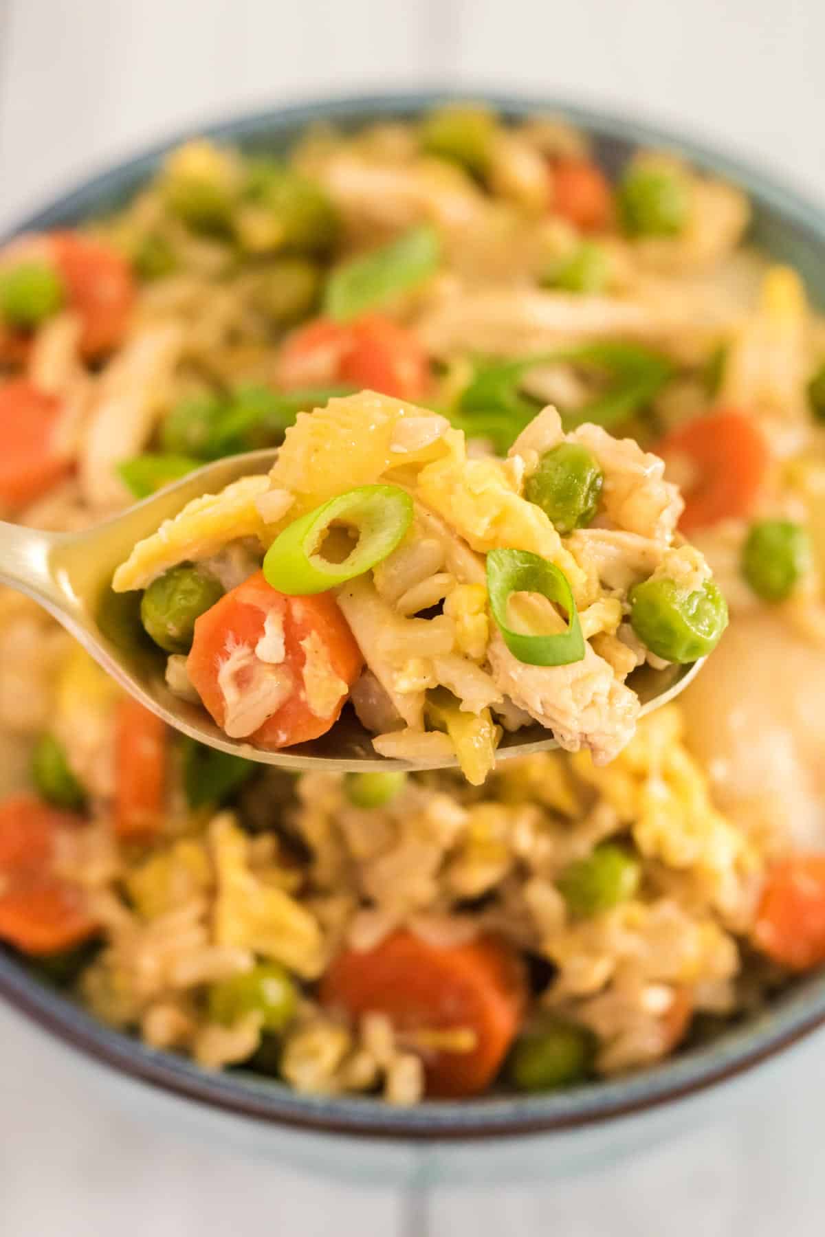 close up on a spoonful of chicken fried rice with brown rice and carrots